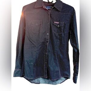 Wrangler unisex Breast Cancer Awareness black/pink polka dot button up, sz med